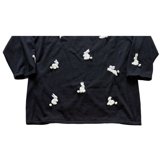 Quacker Factory Black Sweater Snow Bunnies Puffy CottonTails Faux Pearl   XL - Picture 3 of 7